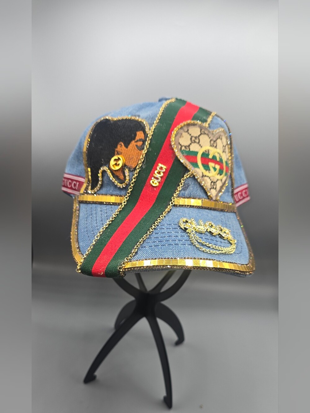 Blue Denim Cap with Gold Crystal Logo and Chain